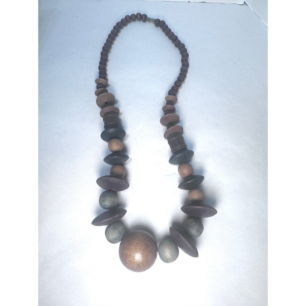Vintage Chunky Wooden Bead Necklace Multi-Color Earth Tone Boho Art Core